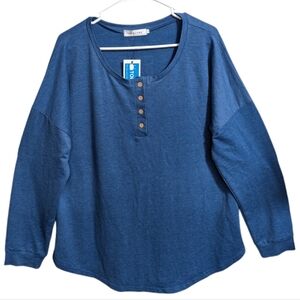 Top style women's Shirt 2XL Long Sleeve 1/4  Button Blue v neckline W-420